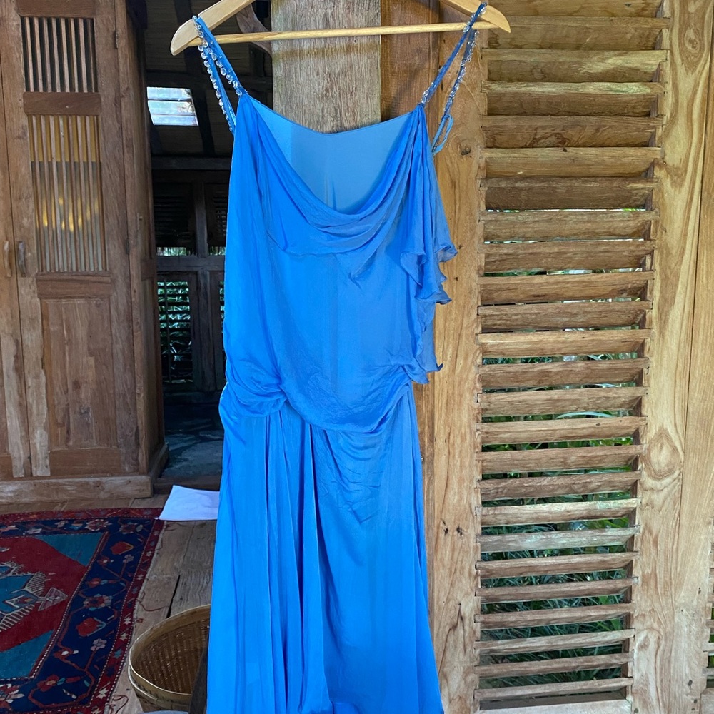 Blue silk chiffon beaded strappy Alberta Ferretti Philosophy dress